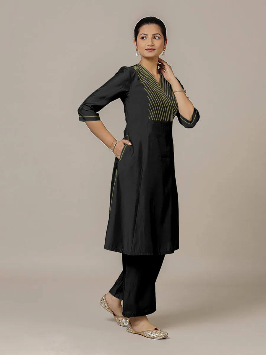 Piya x Rozaana | A Line Kurta in Raven Black with Thread Work | Coords or Only Kurta