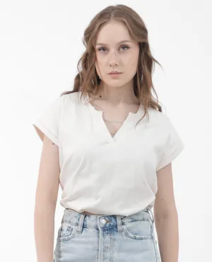 Rareism Women Sanderson Off White Cotton Fabric Short Sleeve V-Neck Solid Regular Fit Top