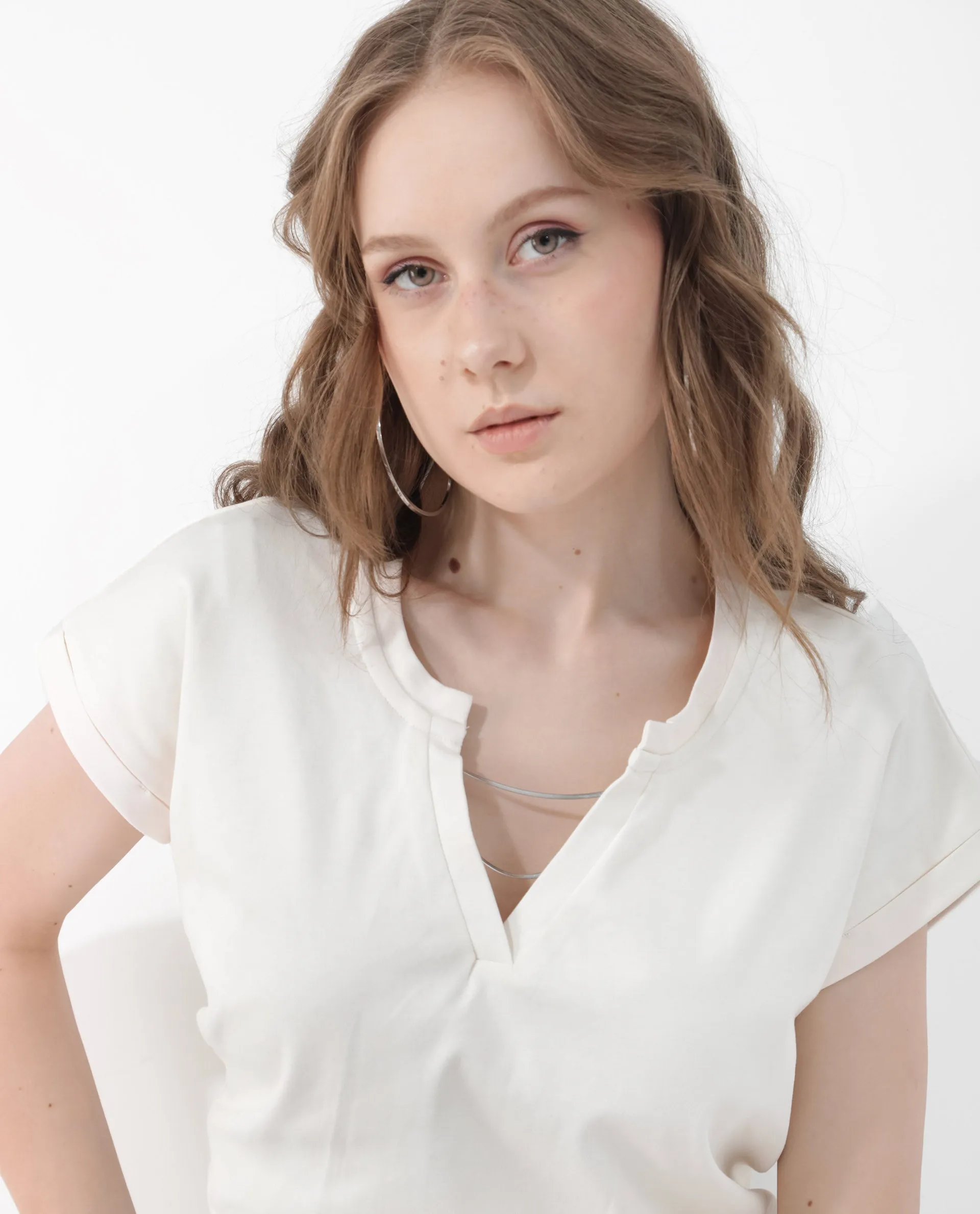 Rareism Women Sanderson Off White Cotton Fabric Short Sleeve V-Neck Solid Regular Fit Top
