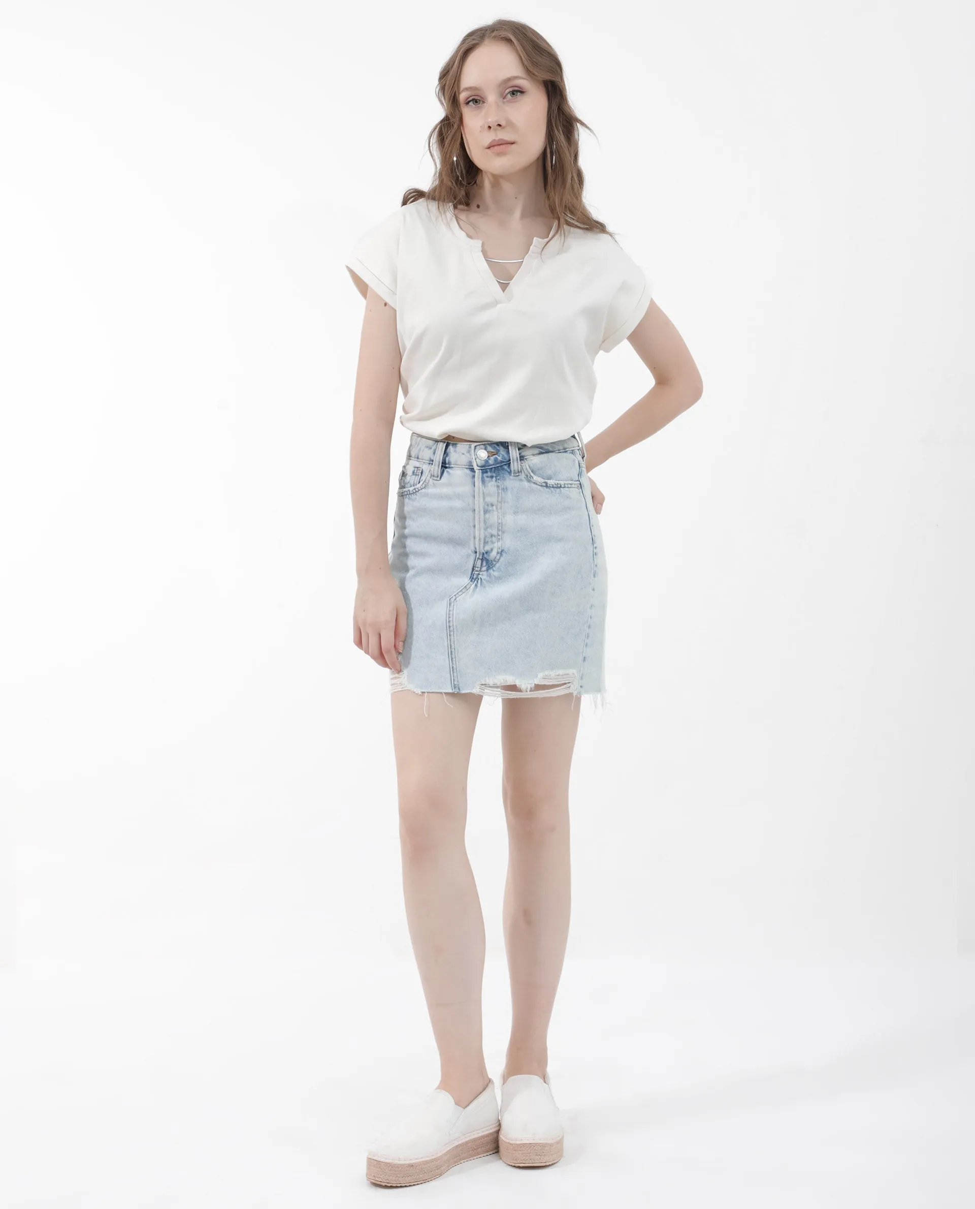 Rareism Women Sanderson Off White Cotton Fabric Short Sleeve V-Neck Solid Regular Fit Top