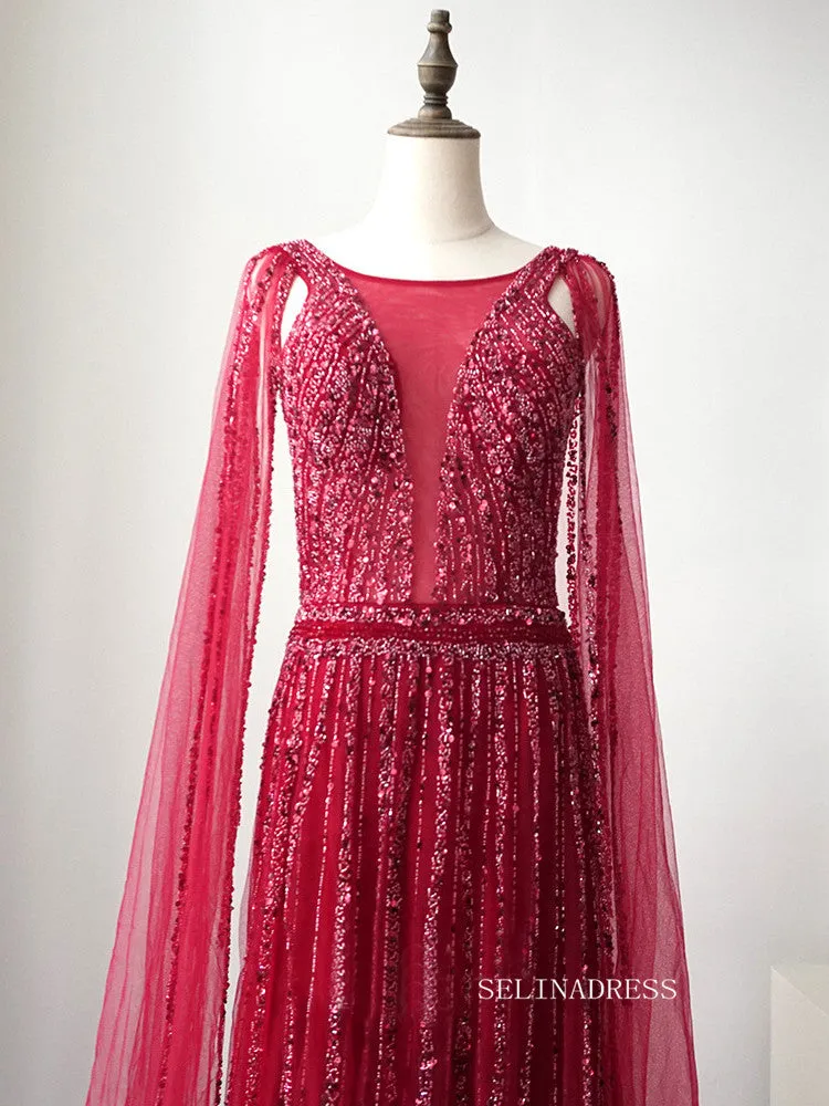 Red A-line Modest Long Prom Dress Tulle Beaded Long Evening Dress Formal Gown FUE015