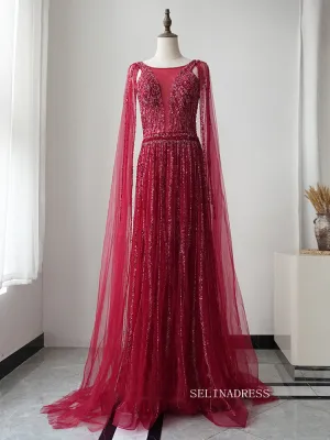 Red A-line Modest Long Prom Dress Tulle Beaded Long Evening Dress Formal Gown FUE015