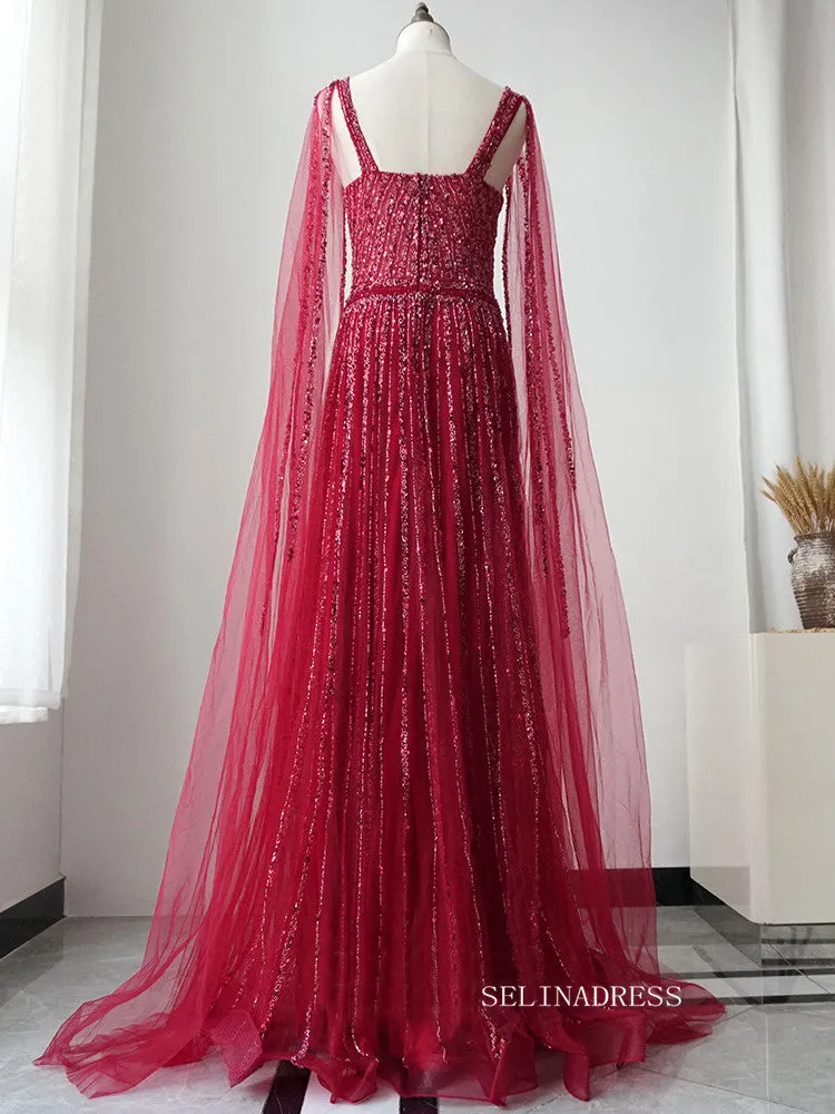 Red A-line Modest Long Prom Dress Tulle Beaded Long Evening Dress Formal Gown FUE015