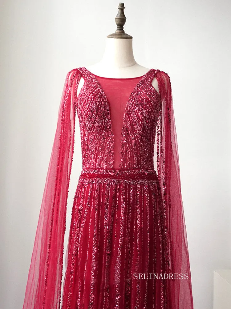 Red A-line Modest Long Prom Dress Tulle Beaded Long Evening Dress Formal Gown FUE015