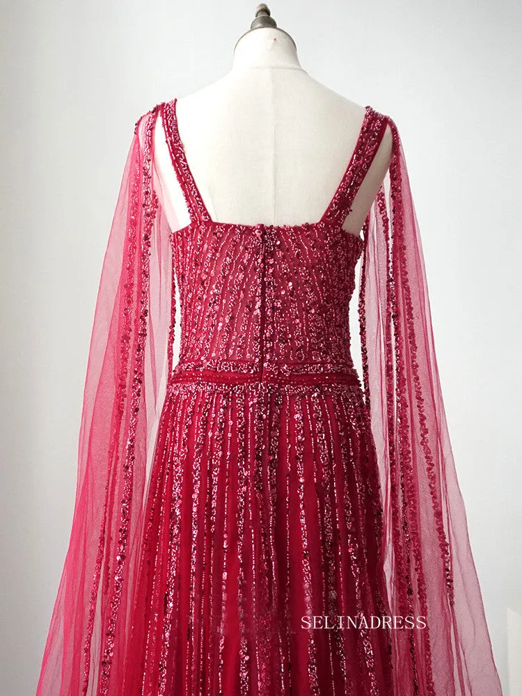 Red A-line Modest Long Prom Dress Tulle Beaded Long Evening Dress Formal Gown FUE015