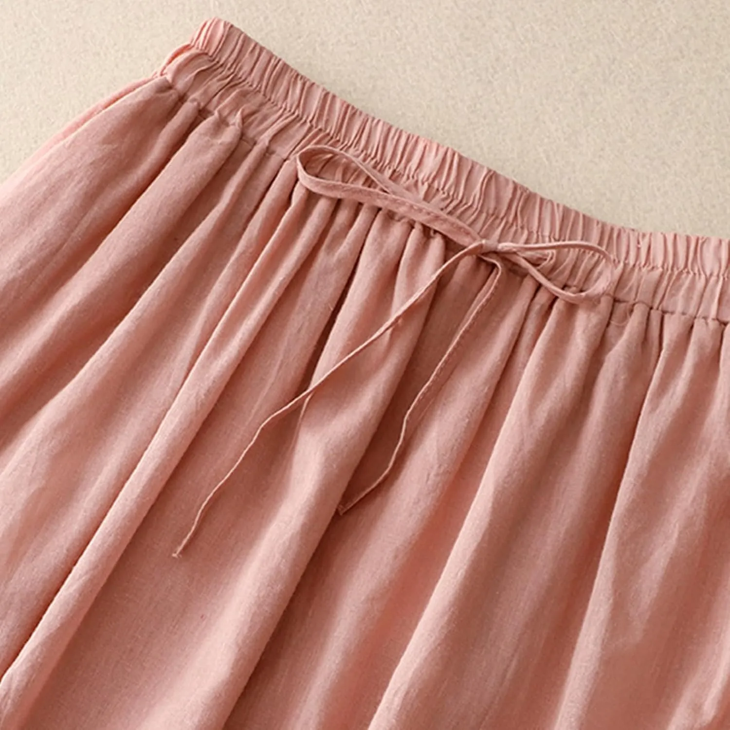 Retro Embroidery Midi Skirt for Women Lightweight Double Layer Cotton Linen Skirts Flowy Ruffle Hem Swing Skirt