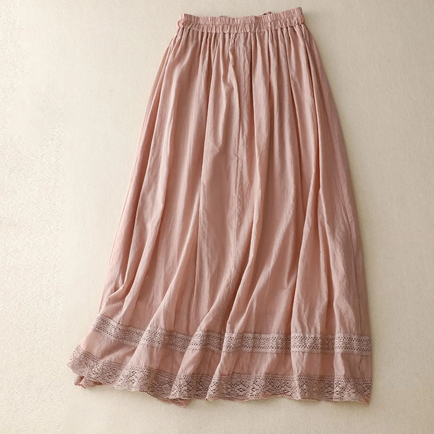 Retro Embroidery Midi Skirt for Women Lightweight Double Layer Cotton Linen Skirts Flowy Ruffle Hem Swing Skirt