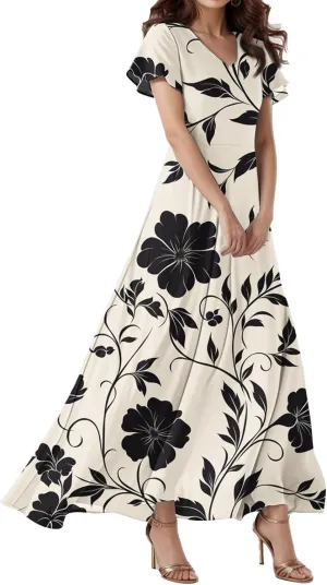 Spring Wedding Guest Dress,Women's Loose Casual V-Neck Short Sleeved High Waisted Print Chiffon Dress