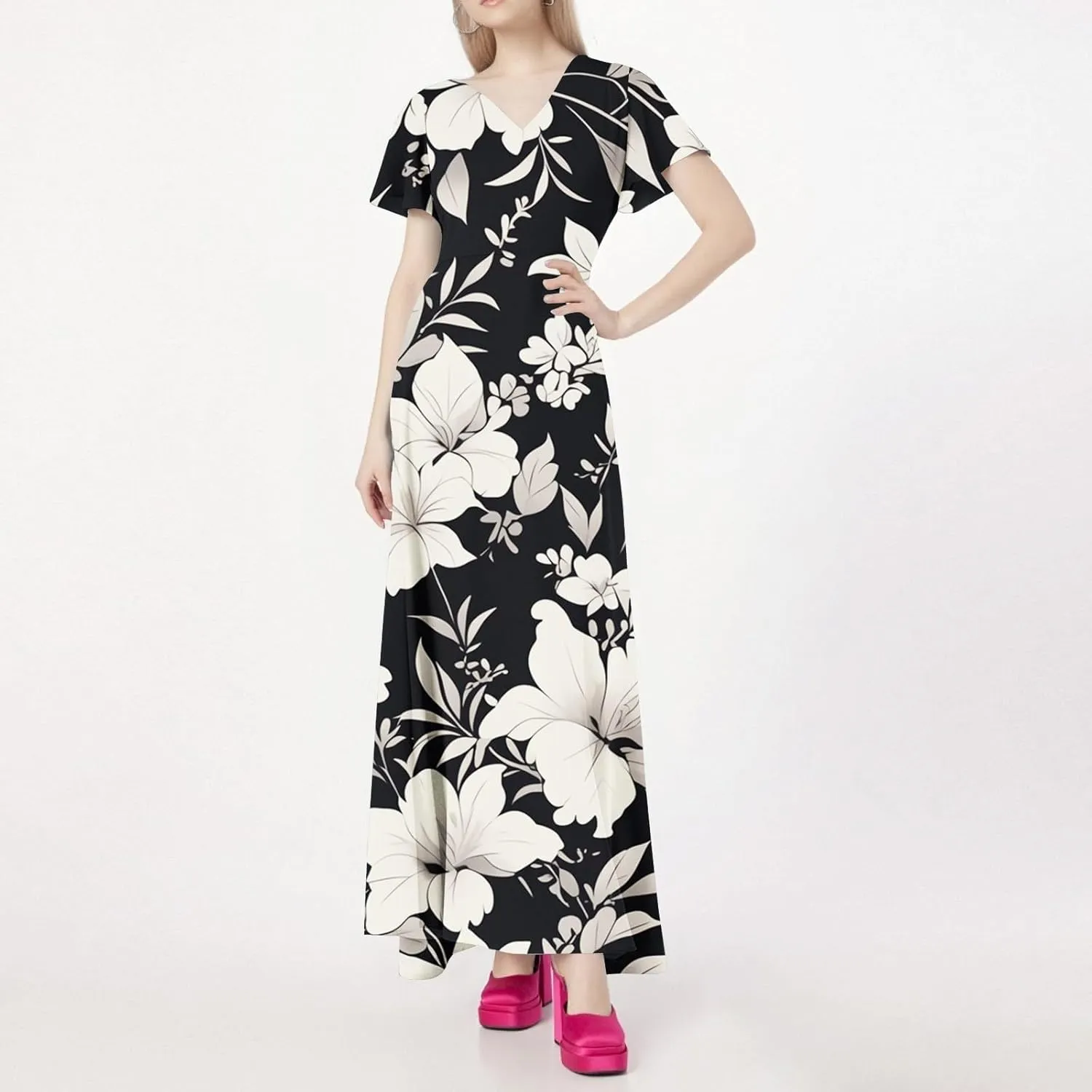 Spring Wedding Guest Dress,Women's Loose Casual V-Neck Short Sleeved High Waisted Print Chiffon Dress