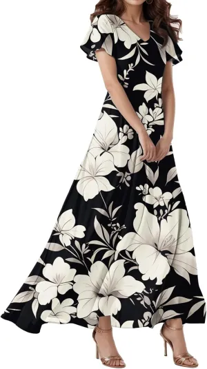 Spring Wedding Guest Dress,Women's Loose Casual V-Neck Short Sleeved High Waisted Print Chiffon Dress