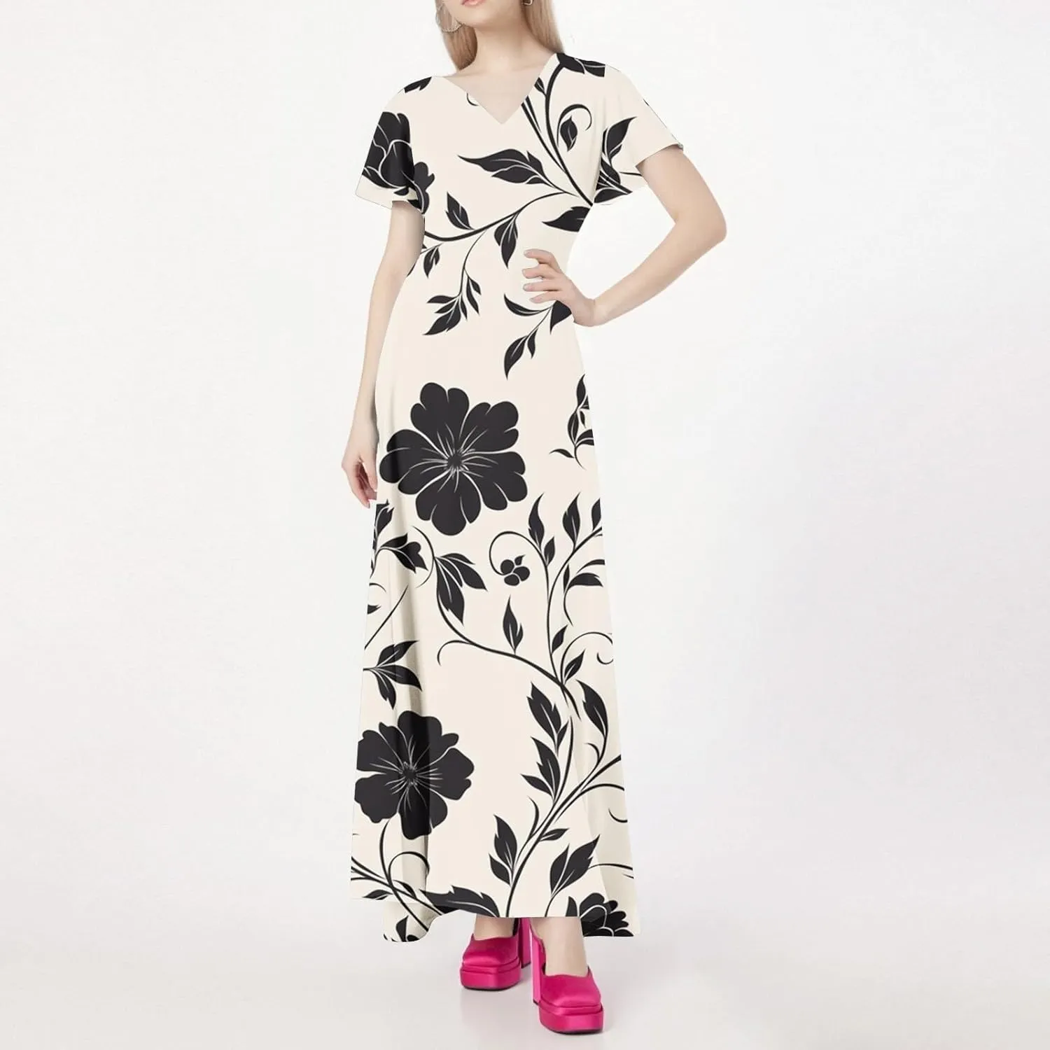 Spring Wedding Guest Dress,Women's Loose Casual V-Neck Short Sleeved High Waisted Print Chiffon Dress