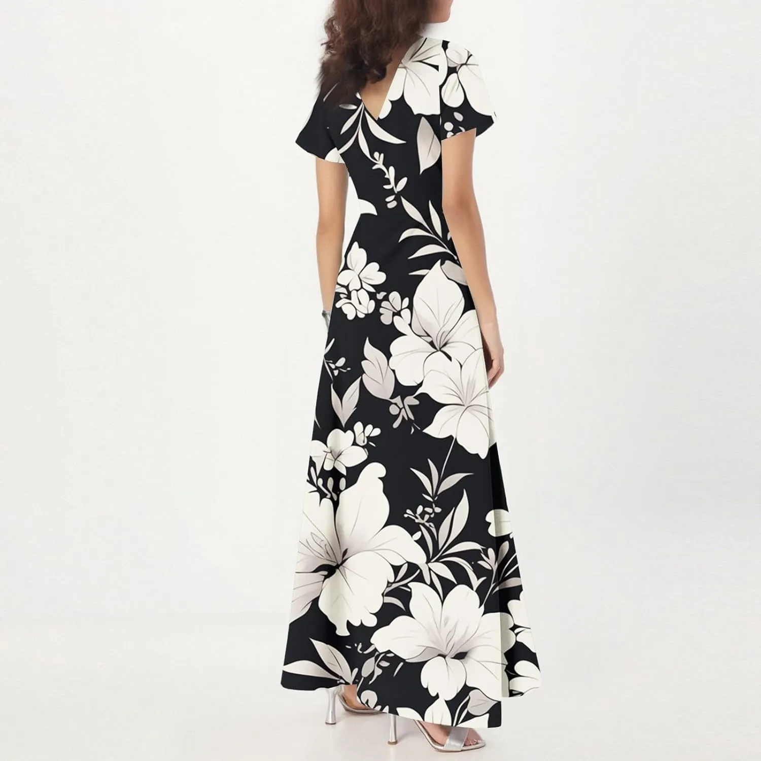 Spring Wedding Guest Dress,Women's Loose Casual V-Neck Short Sleeved High Waisted Print Chiffon Dress