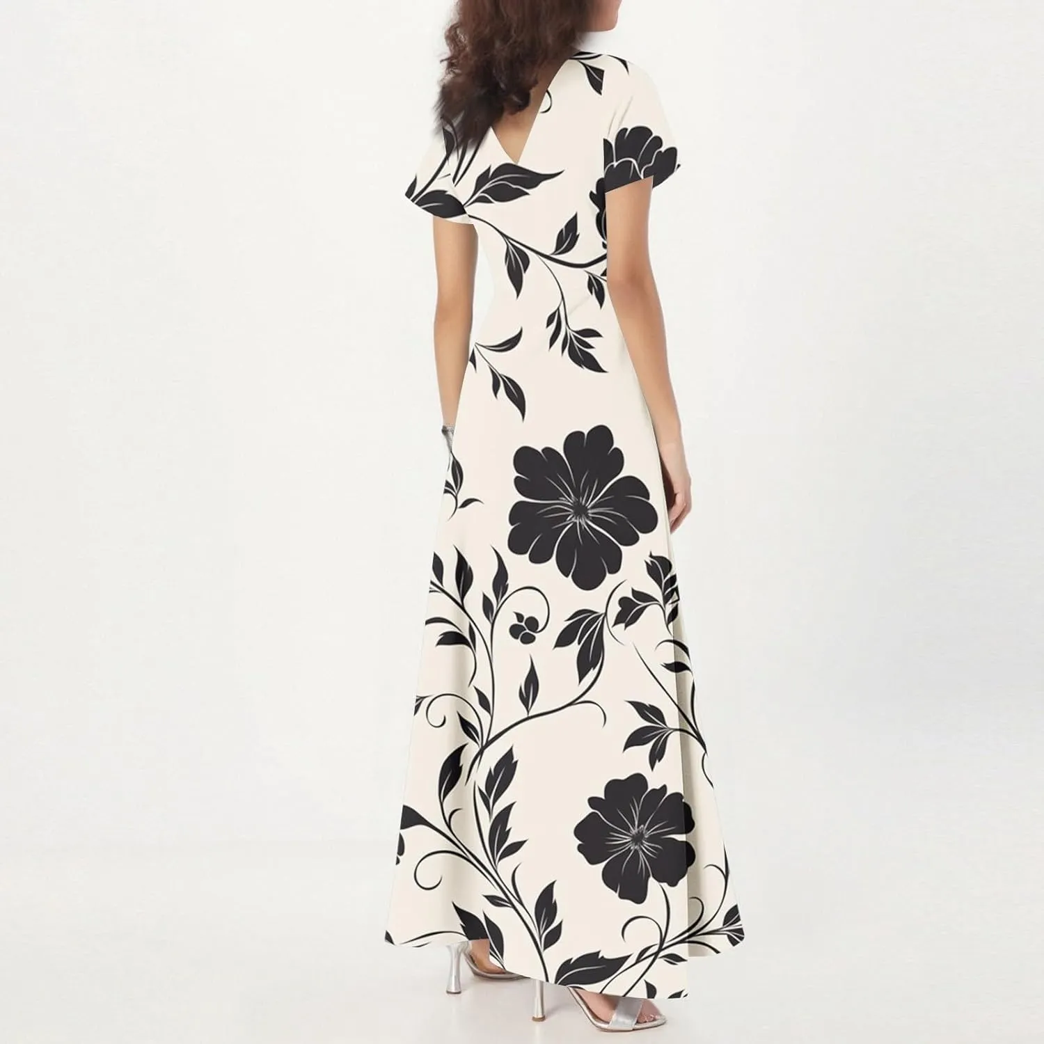 Spring Wedding Guest Dress,Women's Loose Casual V-Neck Short Sleeved High Waisted Print Chiffon Dress