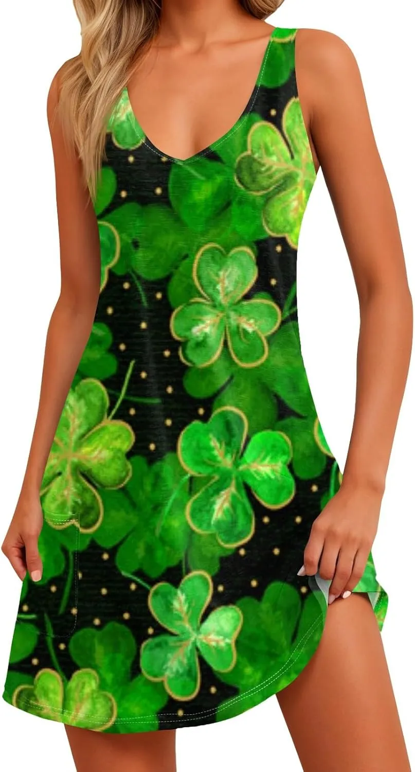 St. Patrick's Day A Line Sleeveless Dress Women Trendy Birthday Comfy Loose Scoop