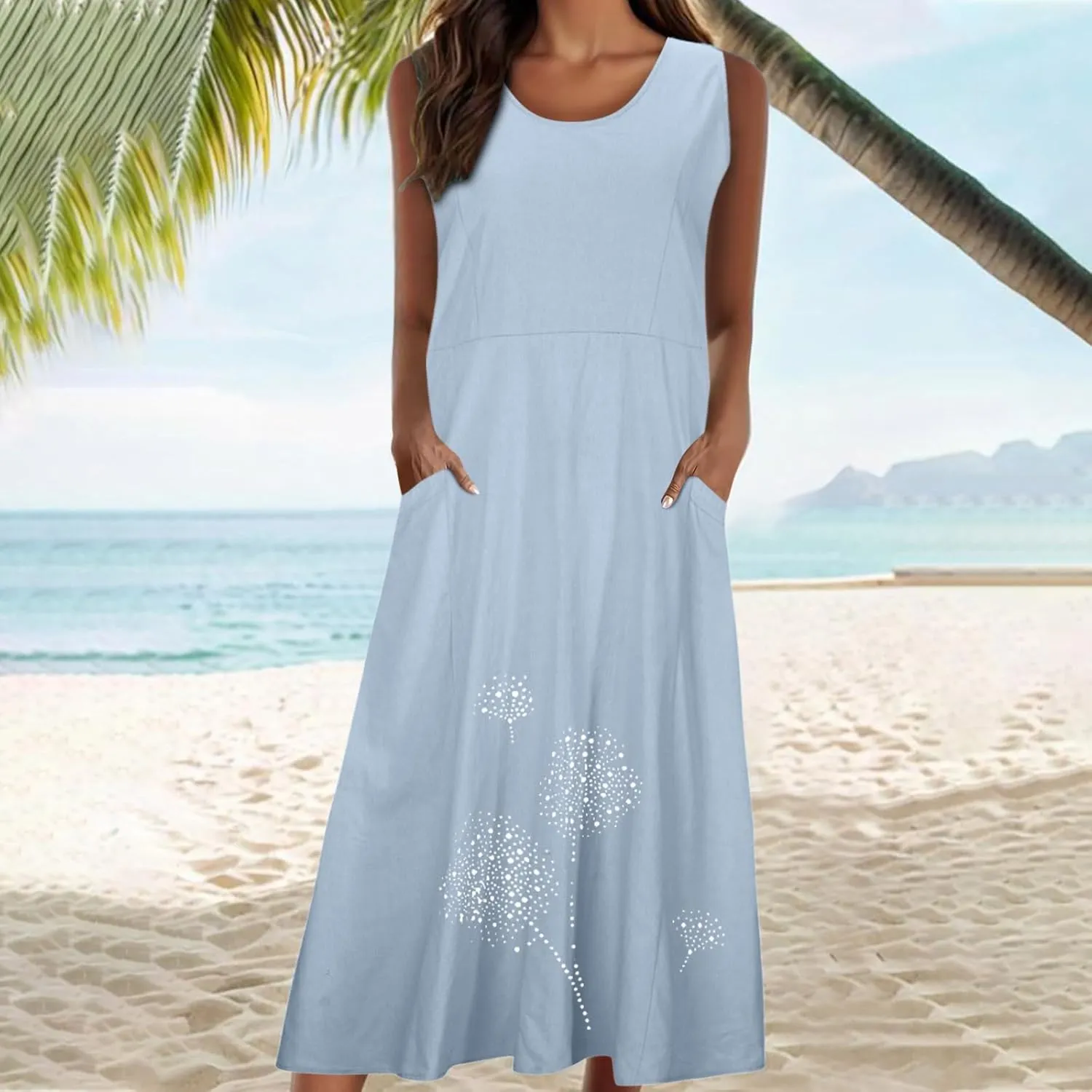 Summer Dress for Women with Pockets 2025 Plus Size Flowy Midi Sundress Casual Loose Fit Sleeveless Crew Neck Dresses