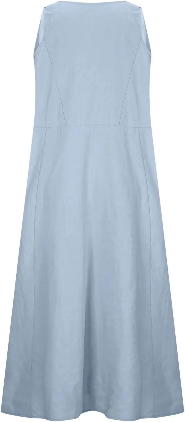 Summer Dress for Women with Pockets 2025 Plus Size Flowy Midi Sundress Casual Loose Fit Sleeveless Crew Neck Dresses