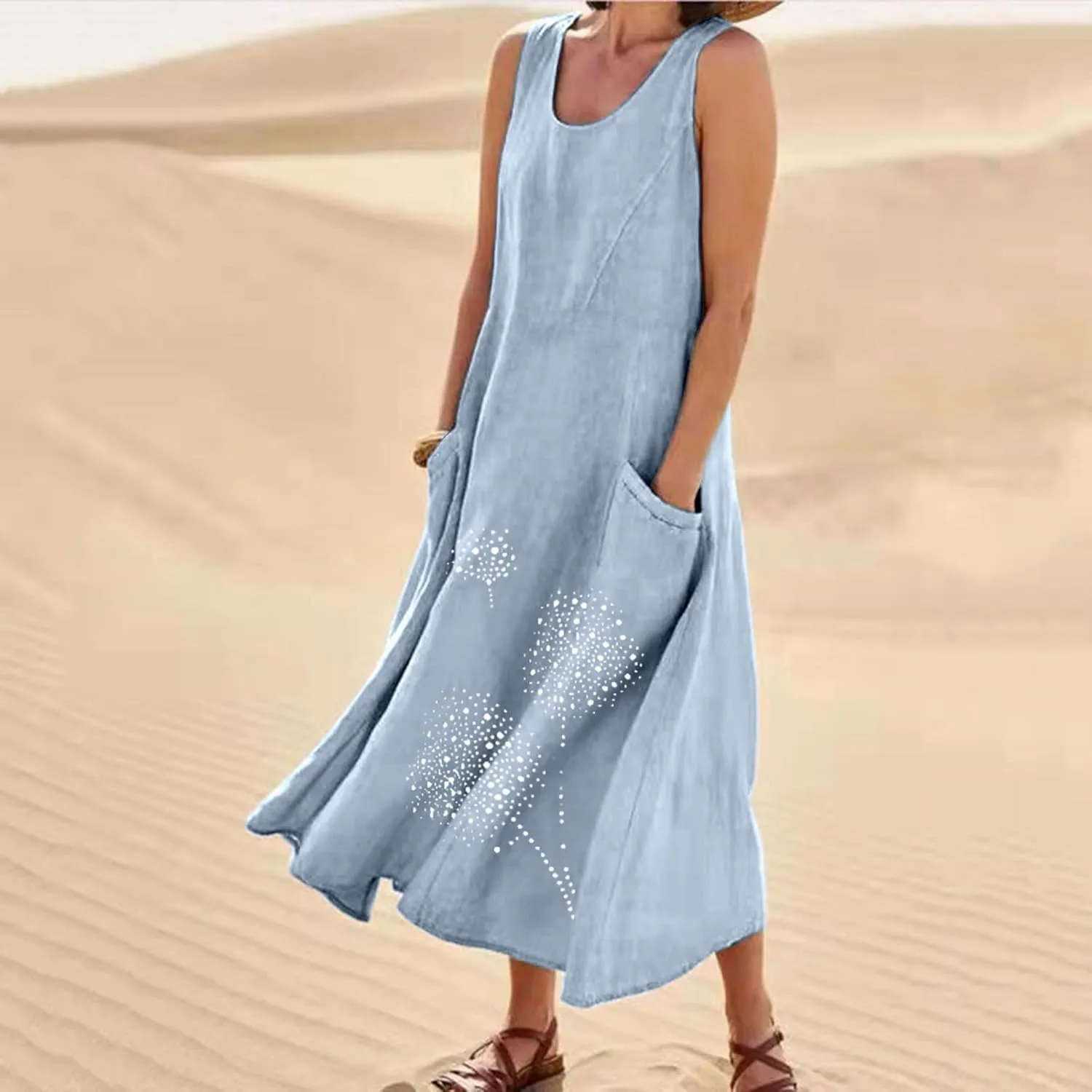 Summer Dress for Women with Pockets 2025 Plus Size Flowy Midi Sundress Casual Loose Fit Sleeveless Crew Neck Dresses