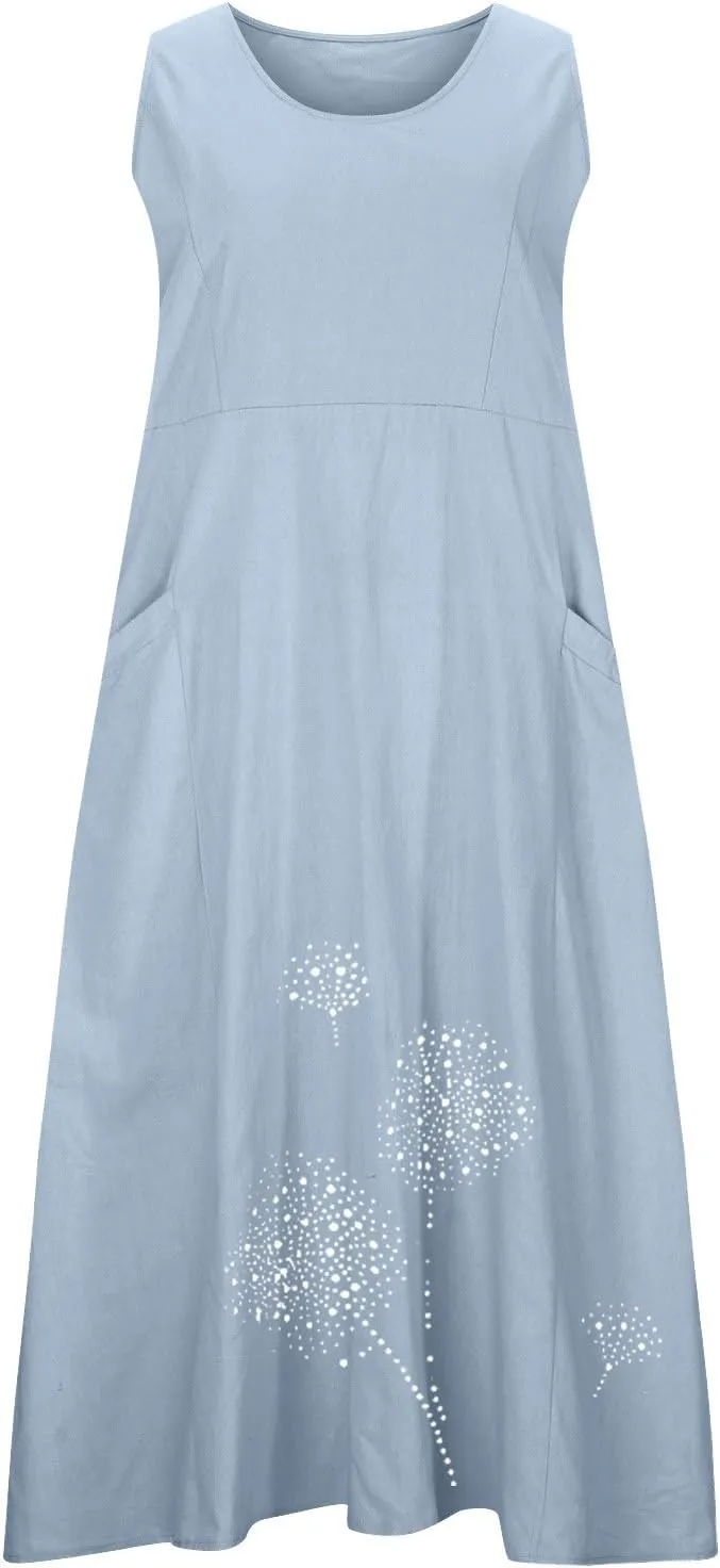 Summer Dress for Women with Pockets 2025 Plus Size Flowy Midi Sundress Casual Loose Fit Sleeveless Crew Neck Dresses