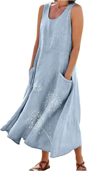 Summer Dress for Women with Pockets 2025 Plus Size Flowy Midi Sundress Casual Loose Fit Sleeveless Crew Neck Dresses