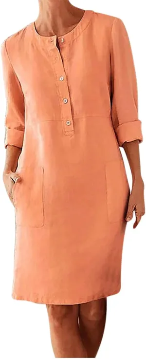 Summer Dresses for Women 2025 Button Casual Long Sleeve Cotton Linen Sundress Elegant Formal Work Dress with Pockets