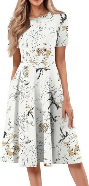 Summer Dresses for Women 2025 Crewneck Short Sleeve Empire Waist Midi Sun Dress Vacation A Line Dress Side Pockets