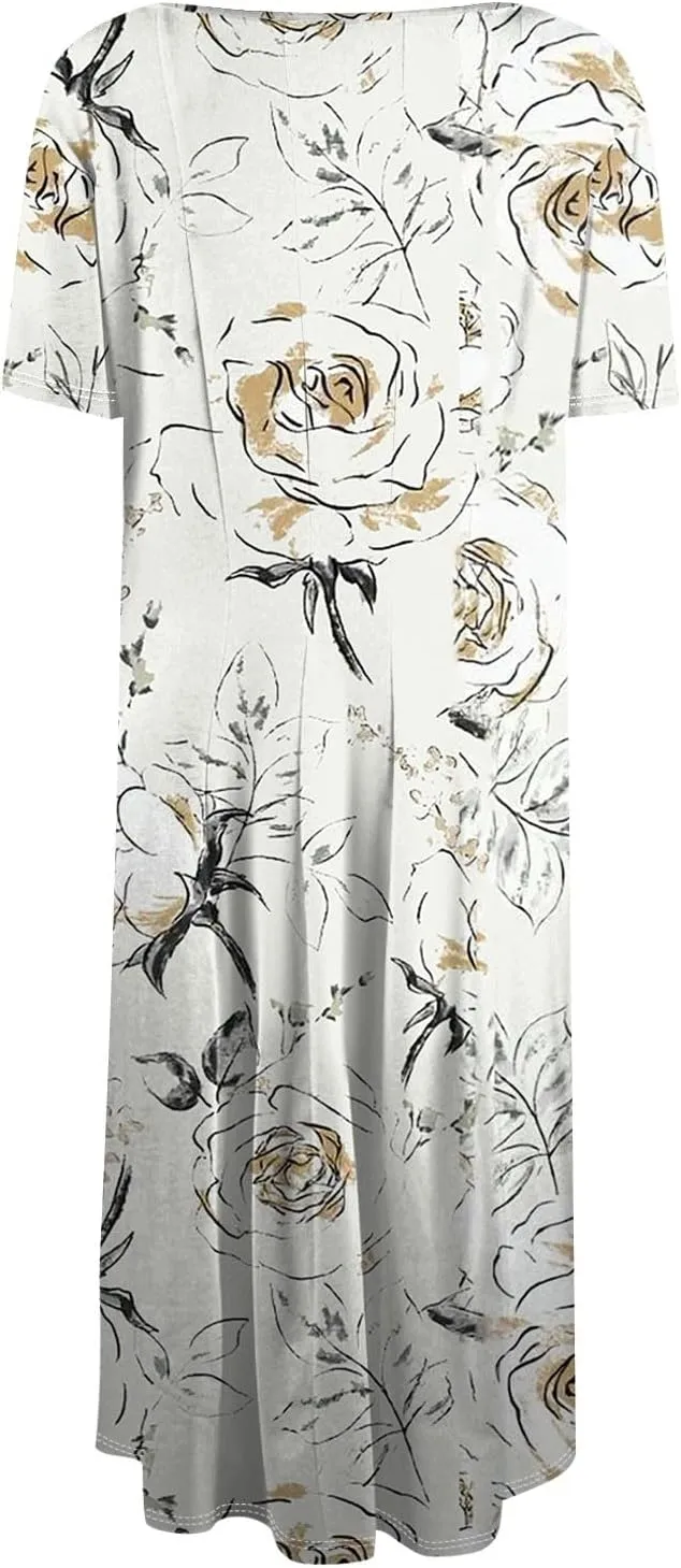 Summer Dresses for Women 2025 Crewneck Short Sleeve Empire Waist Midi Sun Dress Vacation A Line Dress Side Pockets