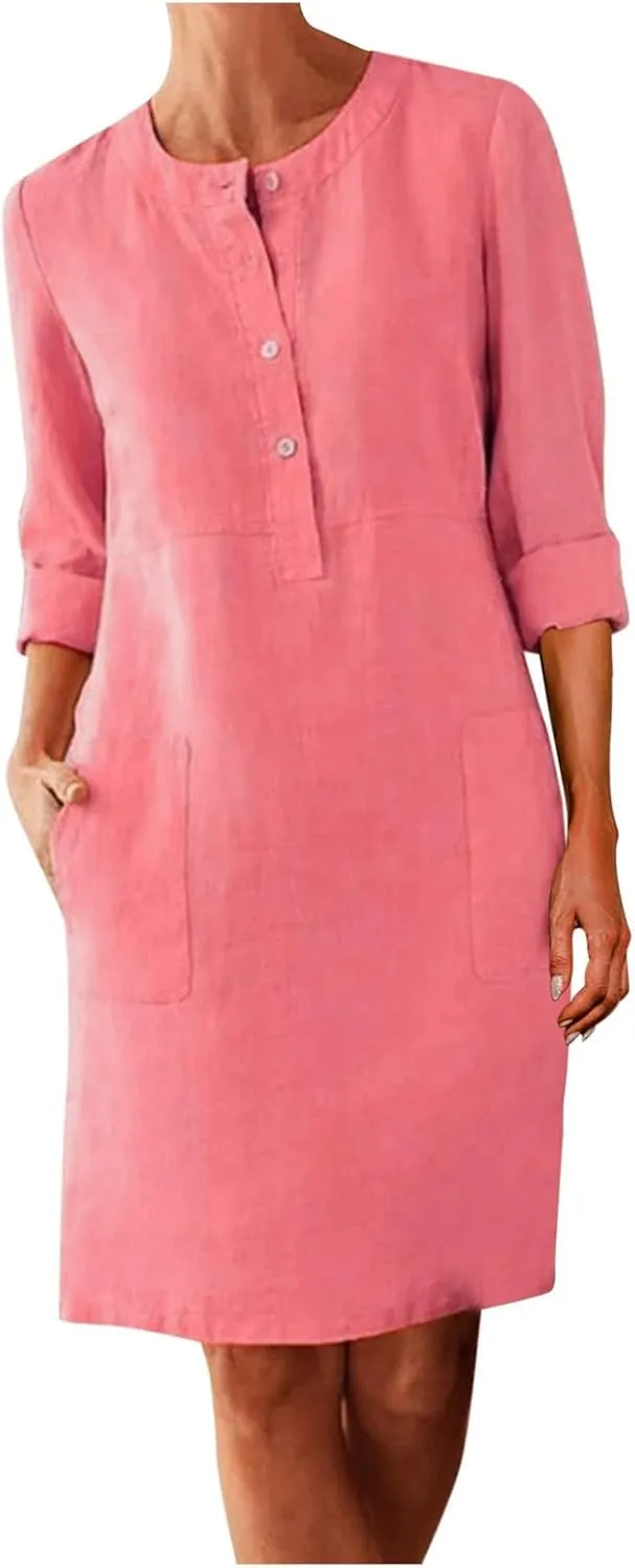 Summer Dresses for Women Casual T Shirt Dresses Swing Flowy Beach Vacation Sundress with Pockets T-Shirt Vacation Linen Dress