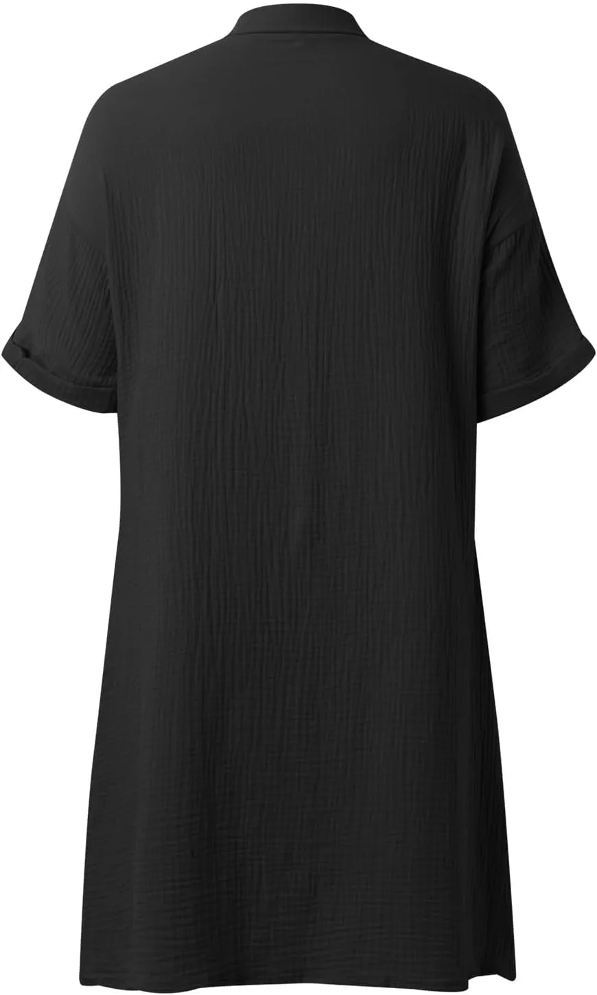 Women Button Down Dress Loose Summer Cotton Linen Dresses Casual Short Sleeve Tunic Dress 2025 Linen Dress Women