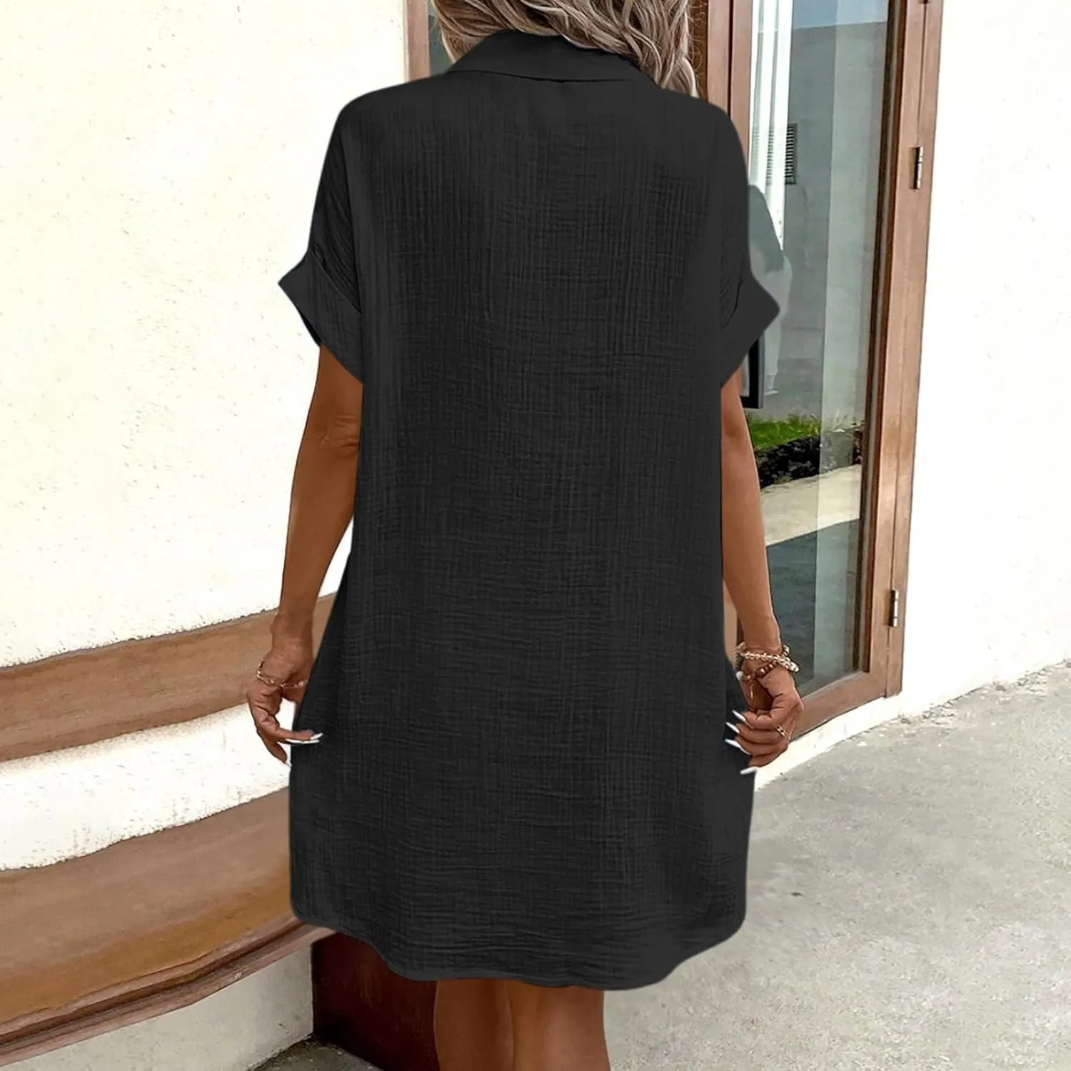 Women Button Down Dress Loose Summer Cotton Linen Dresses Casual Short Sleeve Tunic Dress 2025 Linen Dress Women