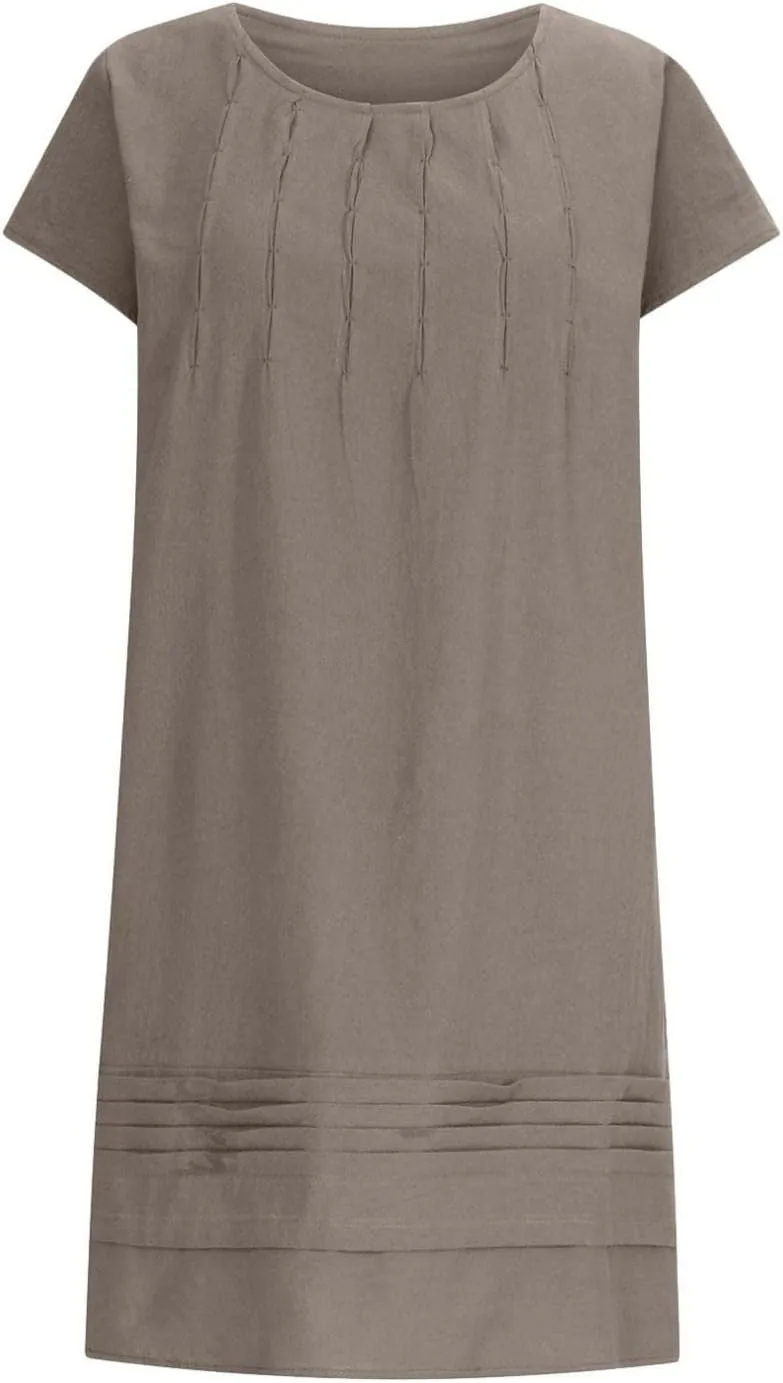 Women Plain Cotton Linen Dresses Summer Half Sleeve Knee-Length Dress Boho Plus Size Pockets Loose Fit Midi Long Dress