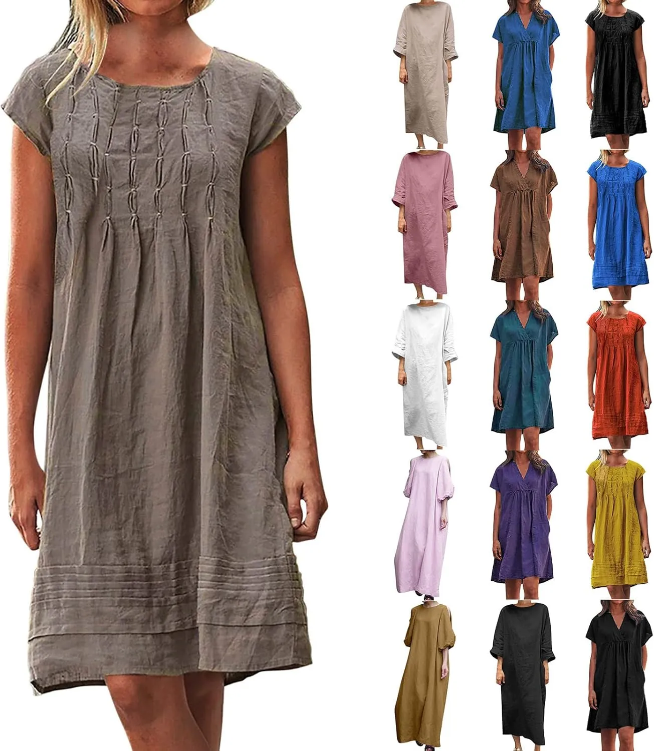 Women Plain Cotton Linen Dresses Summer Half Sleeve Knee-Length Dress Boho Plus Size Pockets Loose Fit Midi Long Dress