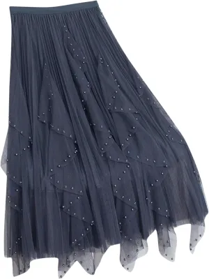 Women Tutu Tulle Long Skirt Elastic High Waist Layered Skirt Mesh Midi Skirt Irregular A-Line Beading Party Skirts