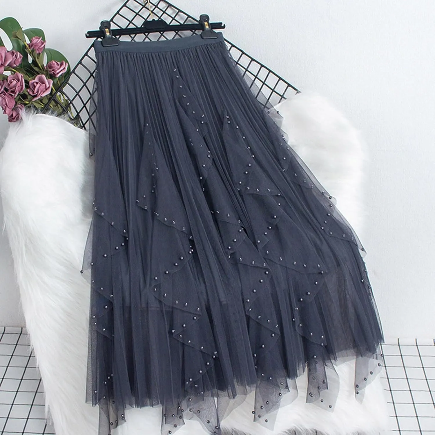 Women Tutu Tulle Long Skirt Elastic High Waist Layered Skirt Mesh Midi Skirt Irregular A-Line Beading Party Skirts