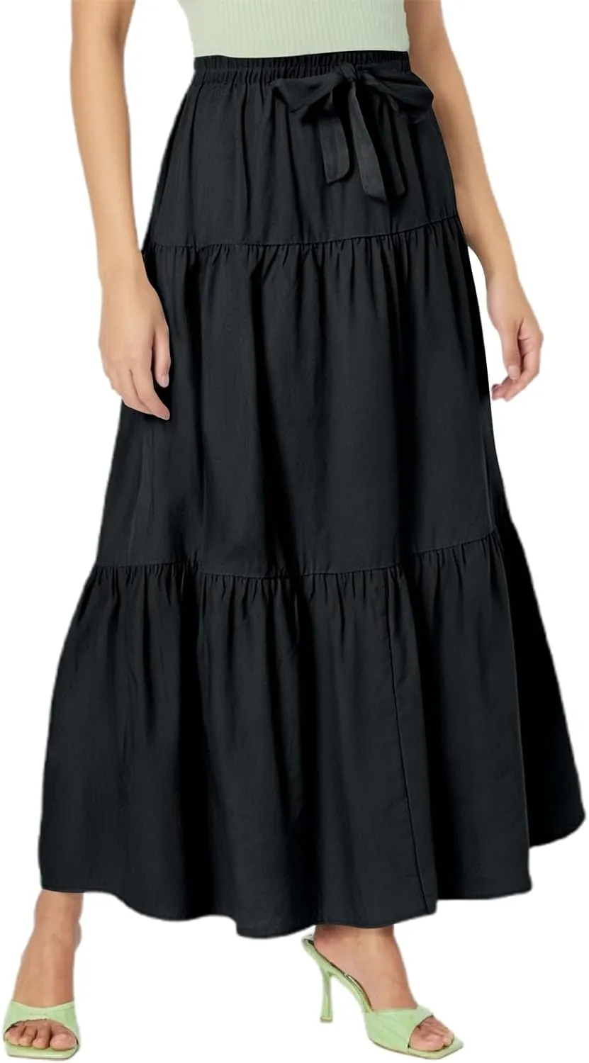 Womens A-Line Pleated Maxi Skirt Solid Drawstring Elastic High Waist Flowy Sexy Tiered Ruffle Summer Long Skirts