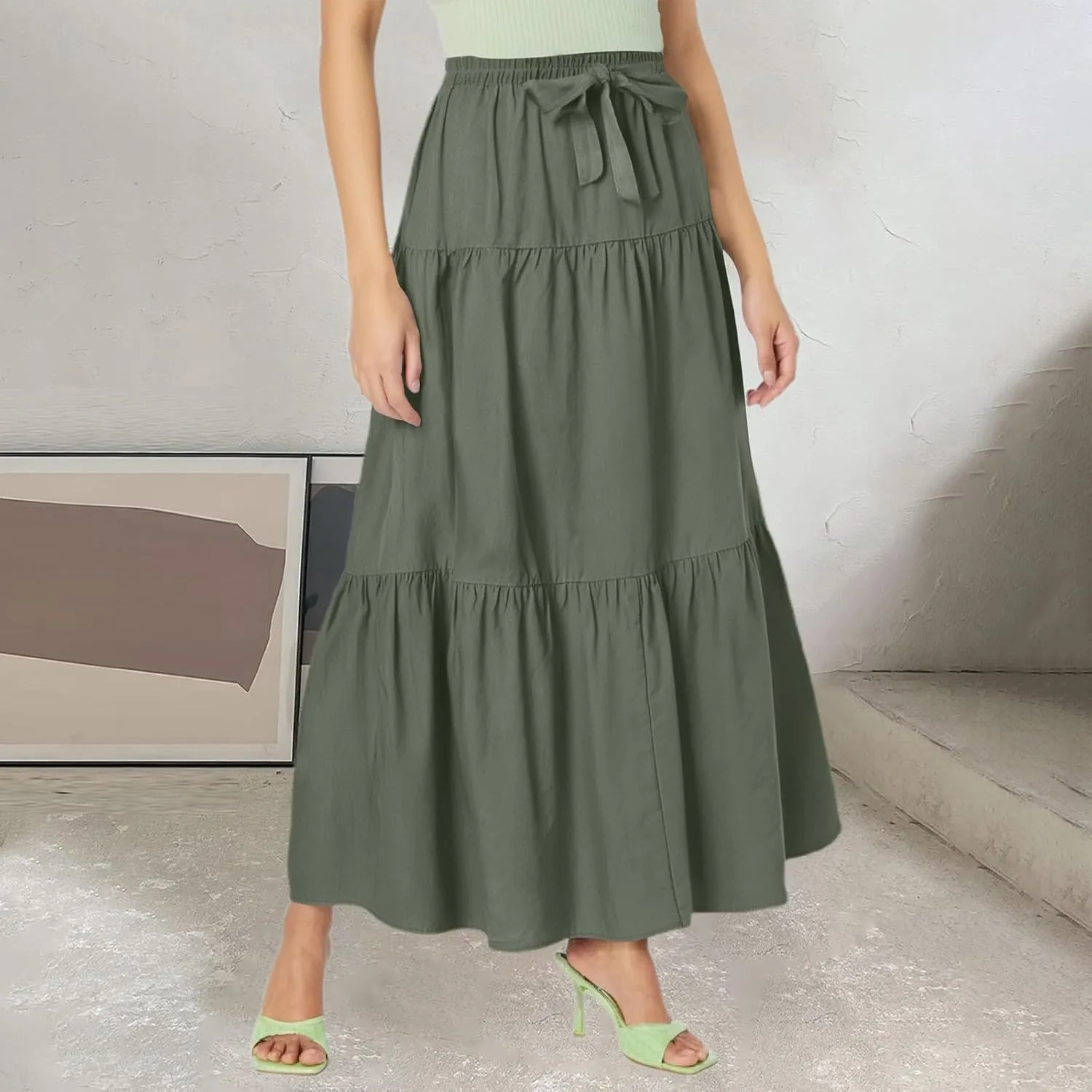 Womens A-Line Pleated Maxi Skirt Solid Drawstring Elastic High Waist Flowy Sexy Tiered Ruffle Summer Long Skirts