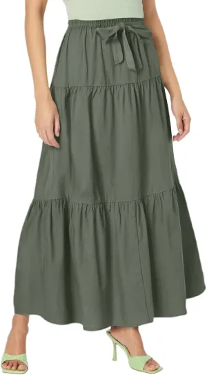 Womens A-Line Pleated Maxi Skirt Solid Drawstring Elastic High Waist Flowy Sexy Tiered Ruffle Summer Long Skirts