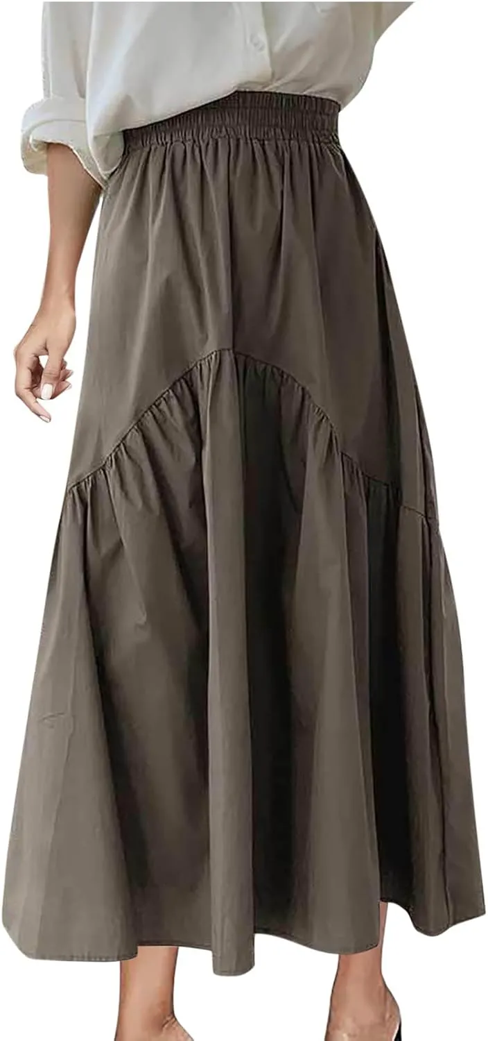 Women's Casual High Waist Pleated A-Line Midi Skirt Summer Loose Fit Solid Color Swing Flowy Skirts Fashion Outfits