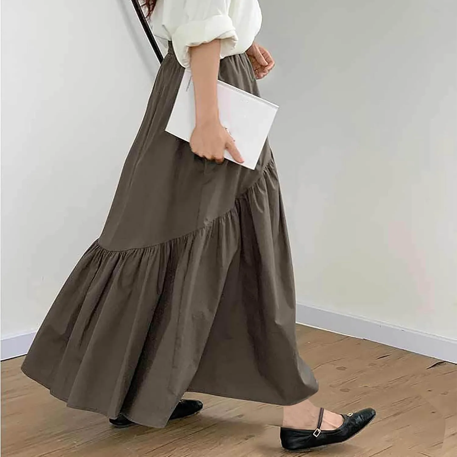 Women's Casual High Waist Pleated A-Line Midi Skirt Summer Loose Fit Solid Color Swing Flowy Skirts Fashion Outfits