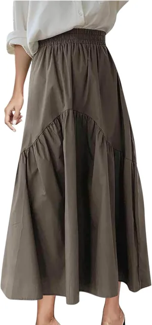 Women's Casual High Waist Pleated A-Line Midi Skirt Summer Loose Fit Solid Color Swing Flowy Skirts Fashion Outfits