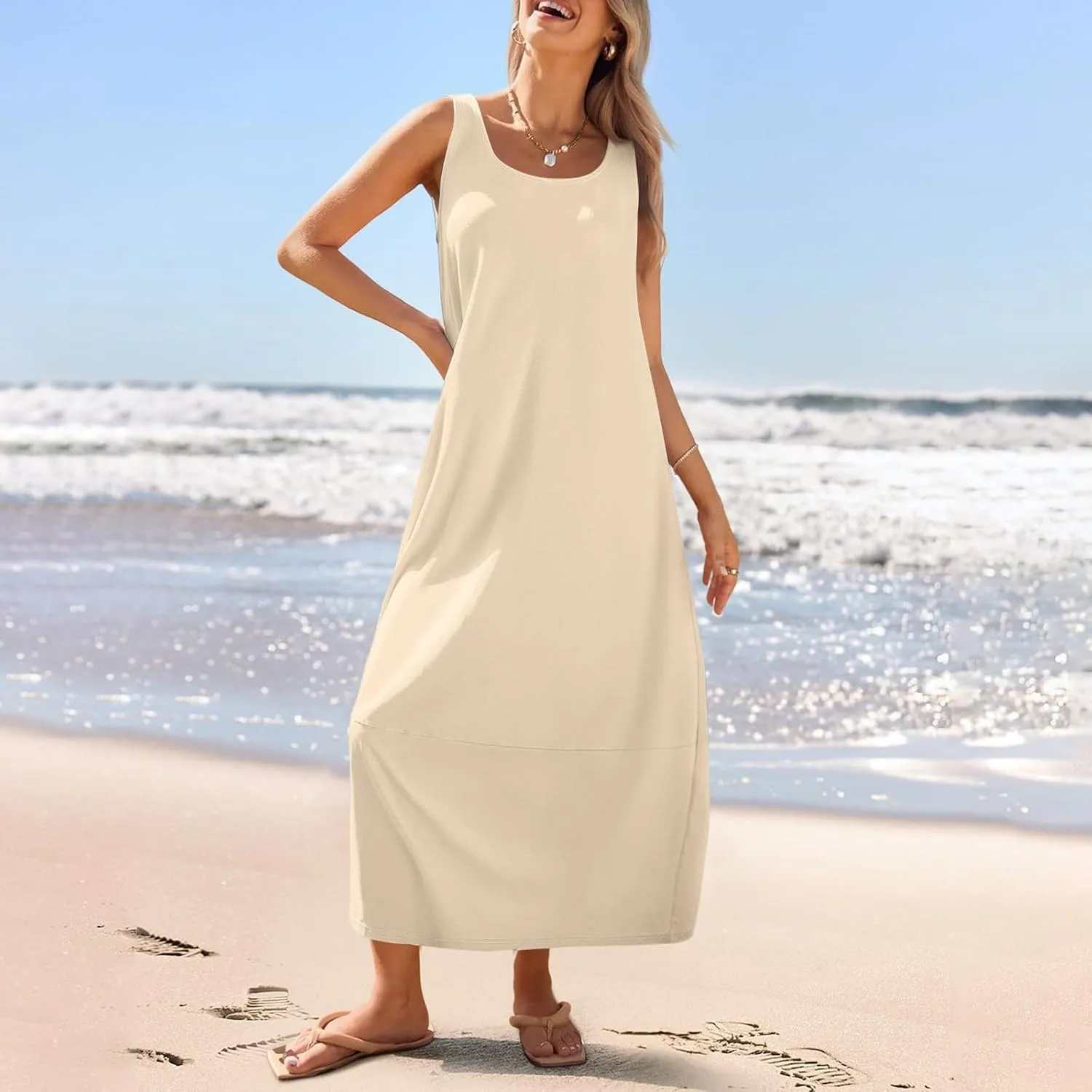 Women's Casual Maxi Sundress 2025 Summer Beach Long Dress Scoop Neck Sleeveless Loose Comfy Tank Dresses