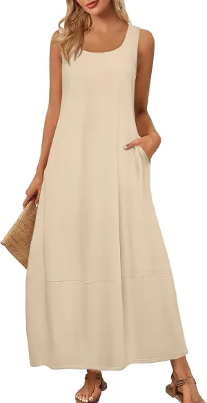 Women's Casual Maxi Sundress 2025 Summer Beach Long Dress Scoop Neck Sleeveless Loose Comfy Tank Dresses