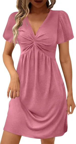 Womens Casual Summer Design Dress Twist Front V Neck Ruffle Mini Dress Elegant Short Sleeve Bodycon Tunic Dress 2025