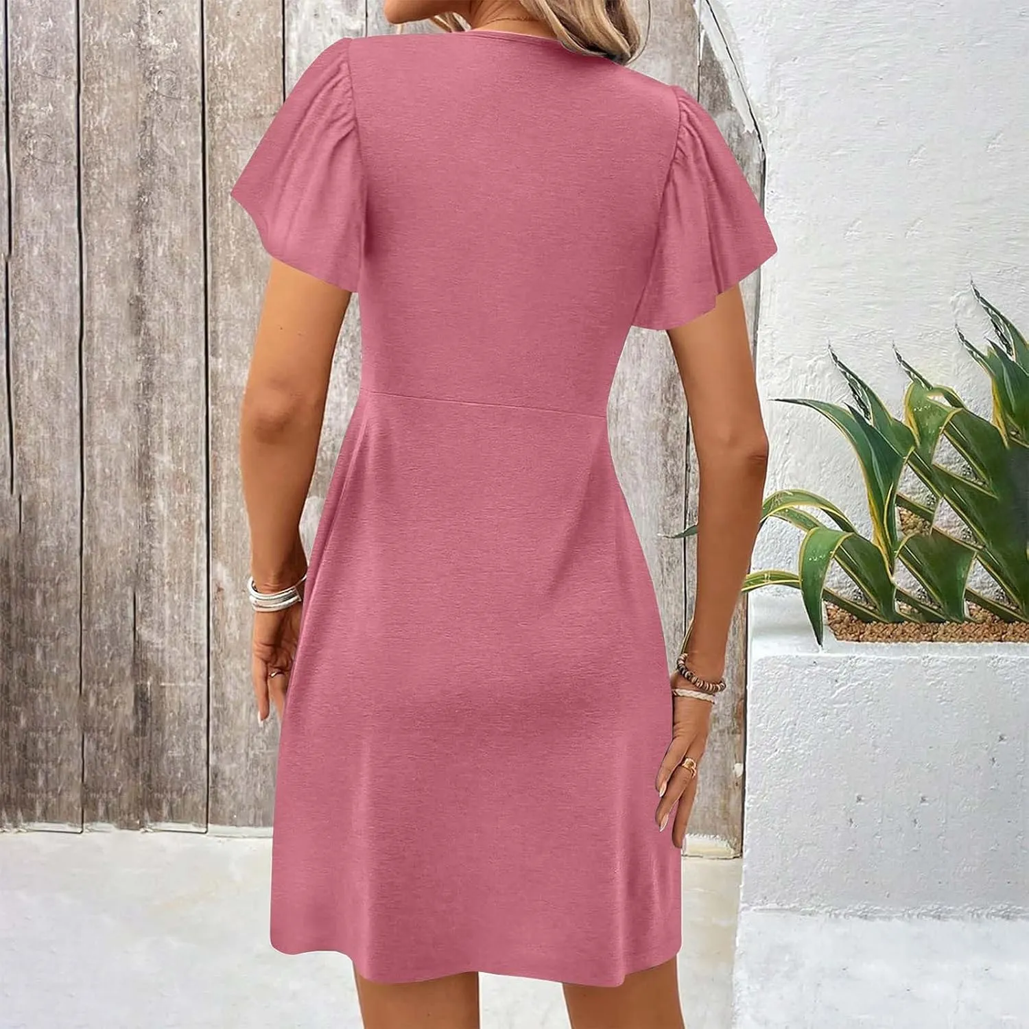 Womens Casual Summer Design Dress Twist Front V Neck Ruffle Mini Dress Elegant Short Sleeve Bodycon Tunic Dress 2025