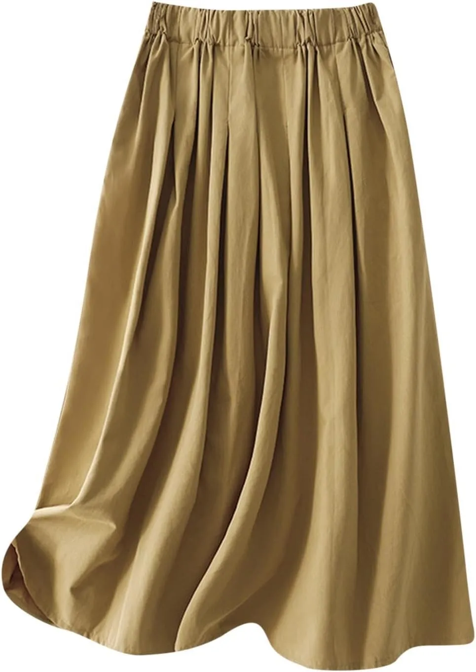 Women's Cotton Basic Midi Skirts Summer Casual Elastic High Waist Flowy A-Line Skirts Boho Swing Pleated Beach Skirt