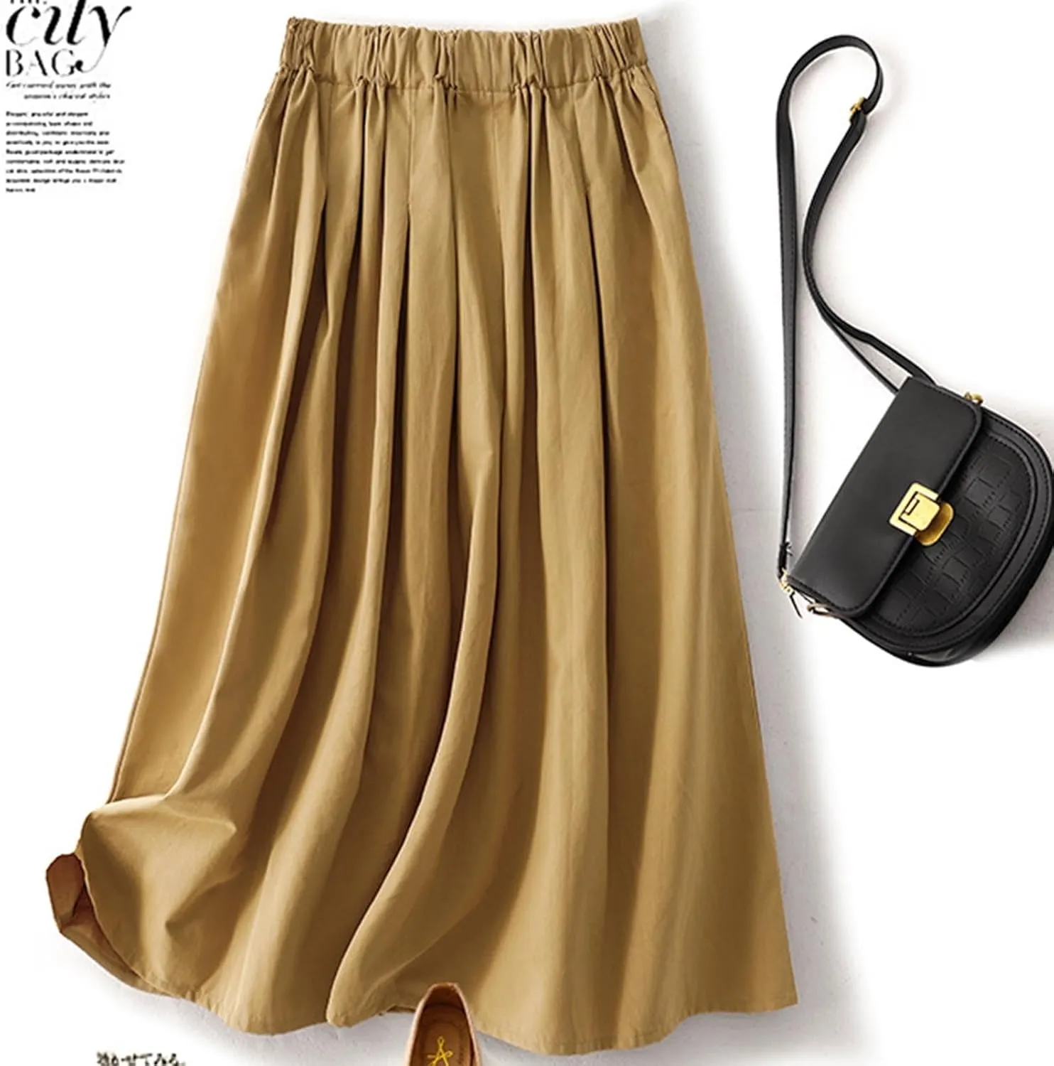 Women's Cotton Basic Midi Skirts Summer Casual Elastic High Waist Flowy A-Line Skirts Boho Swing Pleated Beach Skirt