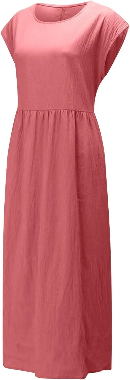 Women's Cotton Linen Dress with Pocket 2025 Plus Size Cap Sleeve Summer Dresses Vacation Crew Neck Casual Dress