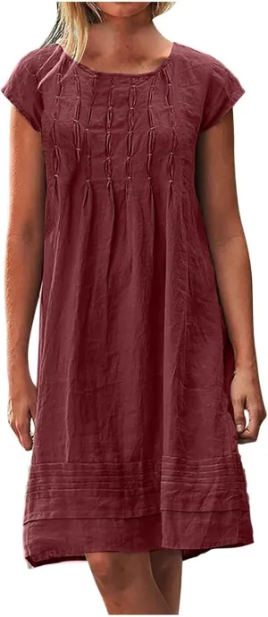 Womens Cotton Linen Midi Dress Plus Size Cap Sleeve Pleated Summer Dresses Vacation 2025 Crew Neck Casual Sundress