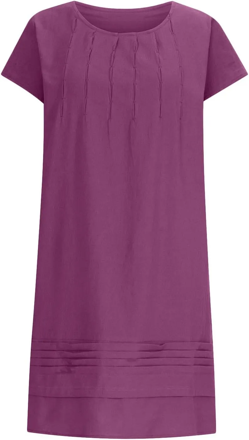 Womens Cotton Linen Midi Dress Plus Size Cap Sleeve Pleated Summer Dresses Vacation 2025 Crew Neck Casual Sundress