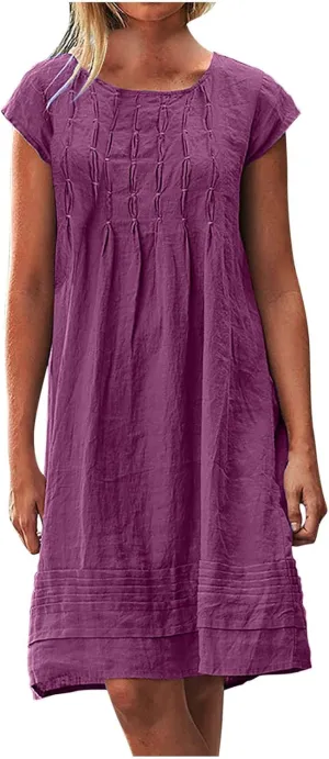 Womens Cotton Linen Midi Dress Plus Size Cap Sleeve Pleated Summer Dresses Vacation 2025 Crew Neck Casual Sundress