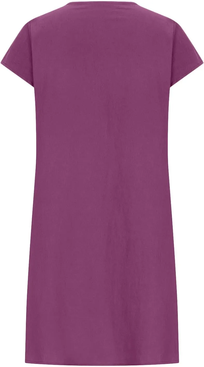 Womens Cotton Linen Midi Dress Plus Size Cap Sleeve Pleated Summer Dresses Vacation 2025 Crew Neck Casual Sundress